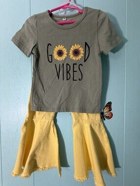 Kids Matching Set - Olive Green 'Good Vibes' Tee & Yellow Bell Pants